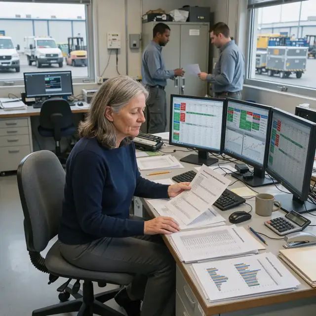 multiple computer monitors displaying rows of operational data next to printed benchmark summaries on a desk