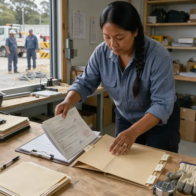 a clipboard holding insurance certificates and signed contract pages being filed into a labeled accordion folder