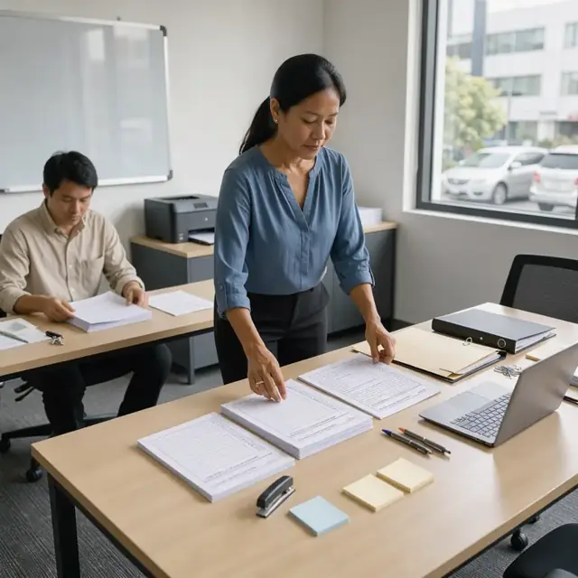 a consultant preparing printed performance review templates and calibration worksheets on a meeting room table