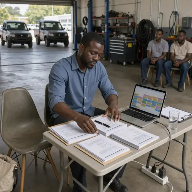 a consultant arranging printed resumes and candidate scorecards beside a laptop showing an interview schedule