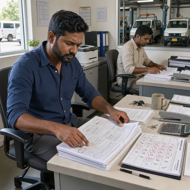 a person in an office reviewing a stack of printed license renewal forms and insurance certificates next to an open calendar marked with due dates