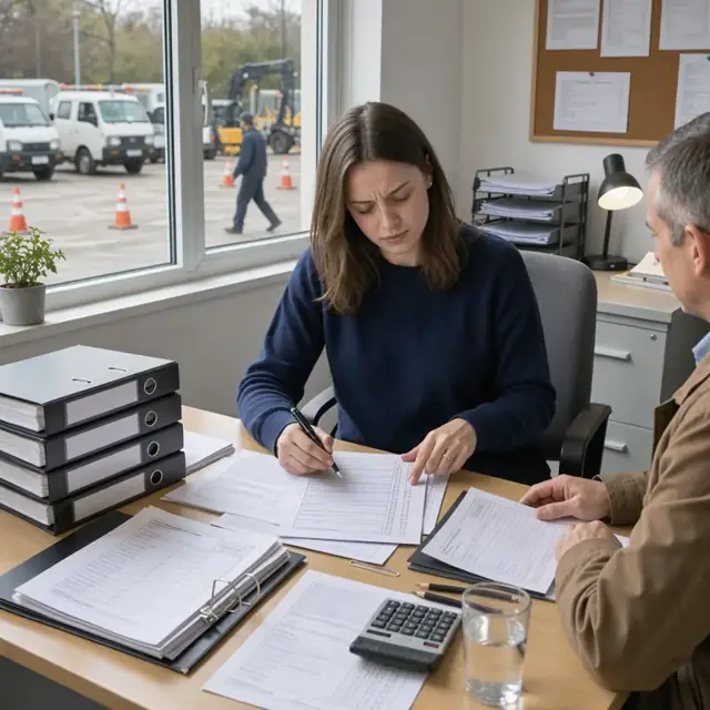 a consultant reviewing printed regulatory checklists and permit applications spread across a desk beside stacked client binders