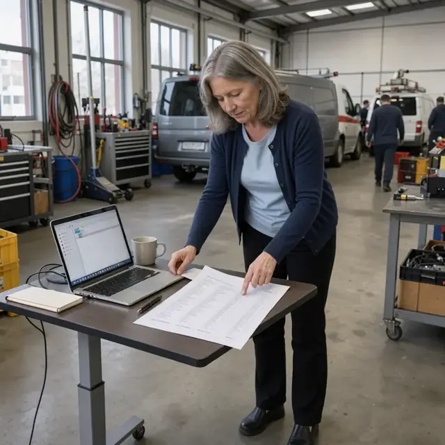 a consultant at a standing desk reviewing a printed statement of work next to a laptop showing a blank project folder structure