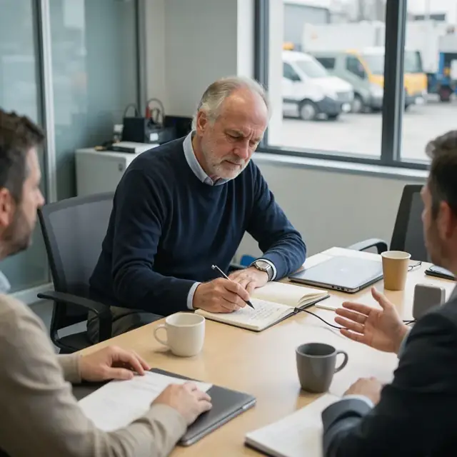a consultant in a client meeting room taking notes during a project wrap-up discussion with coffee cups on the table