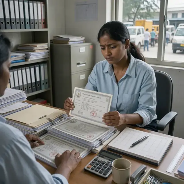 a consultant reviewing a stack of professional license certificates and insurance documents on a desk with an open calendar