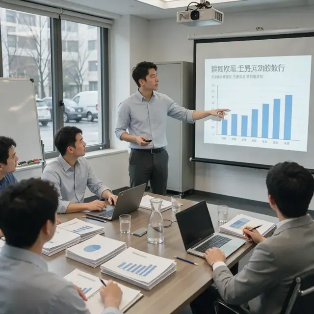 a consultant presenting draft slides on a projector screen in a meeting room with printed reports on the table