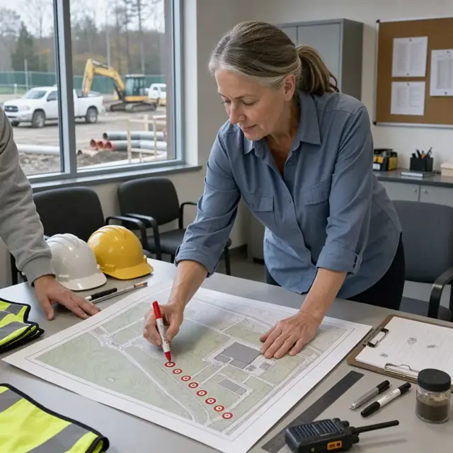 a planner marking sampling locations on a large printed site plan laid across a conference table with hard hats and clipboards nearby