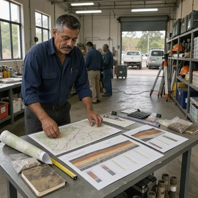 a consultant arranging printed maps, cross-section diagrams and laboratory summary tables on a large drafting table under bright overhead lights
