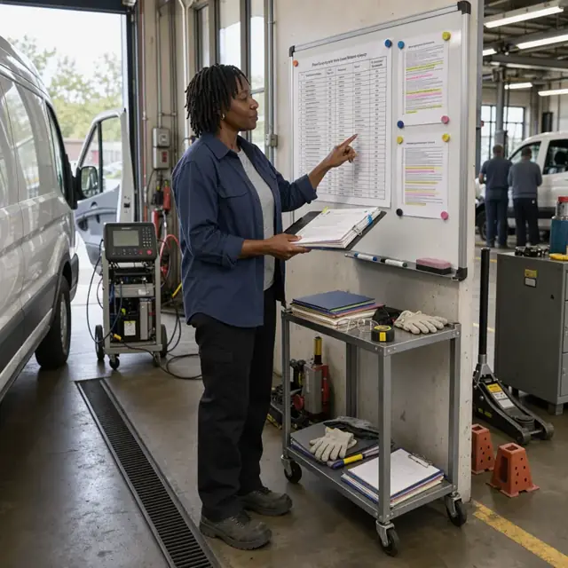 a person standing at a wall-mounted whiteboard comparing printed regulatory tables taped beside highlighted excerpts from a thick specification binder