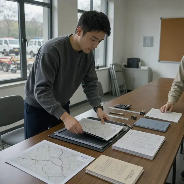a person arranging printed technical maps, calculation sheets and bound reports into an open expandable file folder on a long conference table