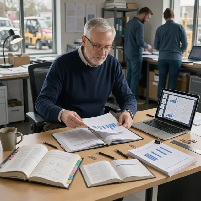 a person seated at a large desk surrounded by open reference books, a laptop displaying a multi-page report layout and printed charts ready for insertion