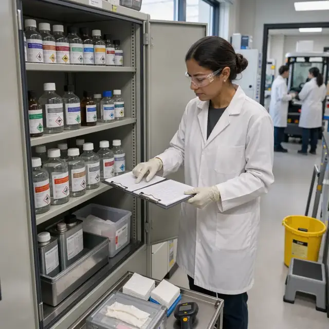 a researcher in a lab coat comparing a list of precursor bottles against inventory records inside a chemical storage cabinet