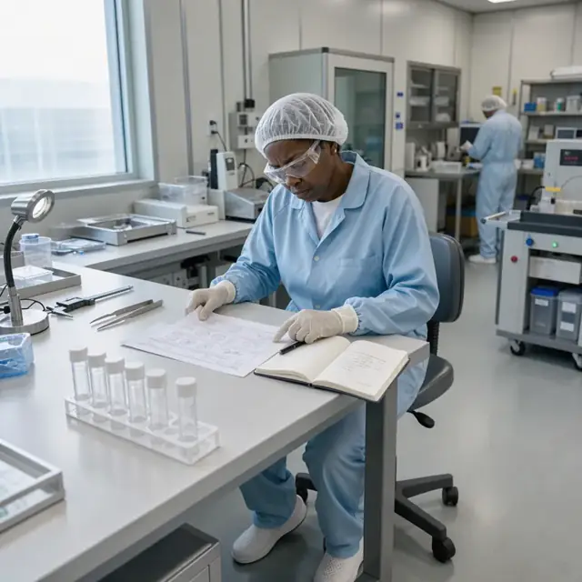 a researcher at a cleanroom desk reviewing printed project specifications next to a notebook and empty sample vials