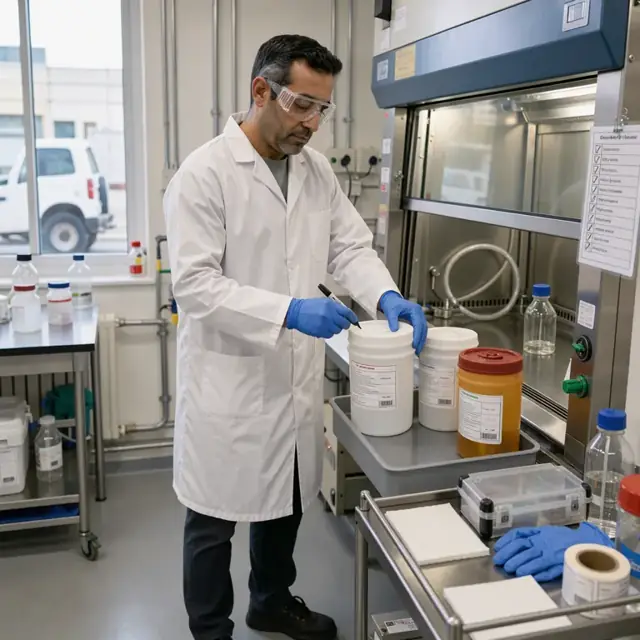 a researcher in protective gear labeling chemical waste containers next to a fume hood with a safety checklist visible