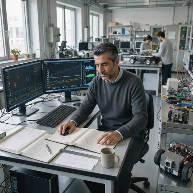 a researcher seated at a computer workstation in a laboratory analyzing graphs on multiple monitors with notebooks open