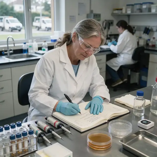 a researcher writing observations in a bound laboratory notebook at a bench surrounded by pipettes and culture plates