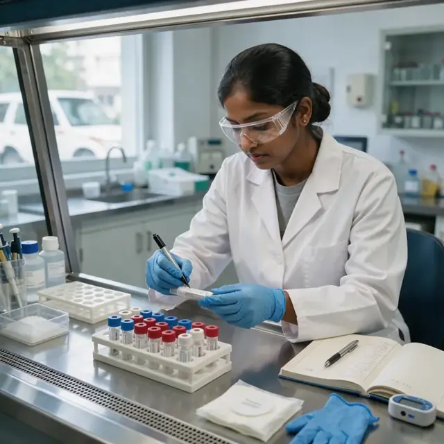 a researcher labeling cryovials in a biosafety cabinet with a rack of sample tubes and an open logbook nearby