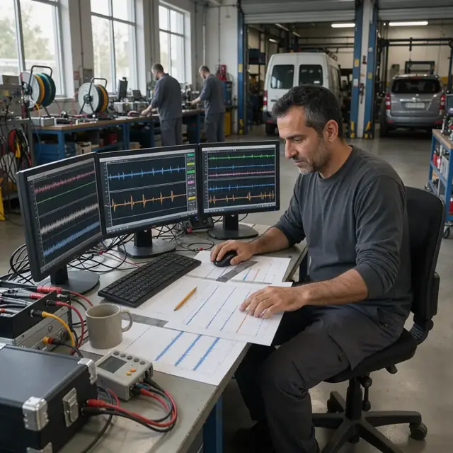 a technician seated at a desk analyzing waveform data on multiple computer monitors with printed graphs spread across the table