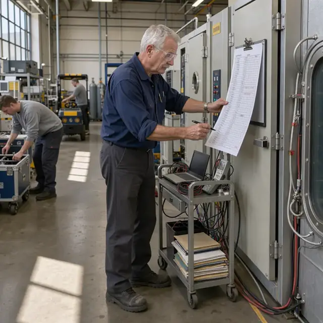 a technician marking experiment run times on a printed schedule next to a large environmental test chamber