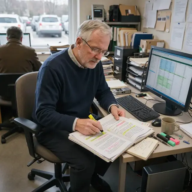 a researcher at a desk highlighting passages in printed interview transcripts and transferring codes into a spreadsheet on screen