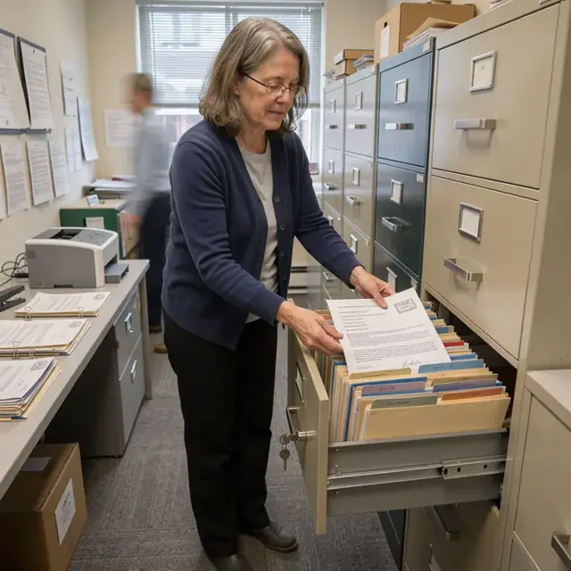a researcher filing printed consent forms and ethics approval letters into labeled folders inside a locked filing cabinet