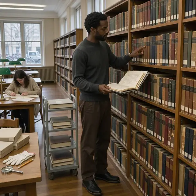 a researcher scanning shelves of bound volumes and handwritten archival notes inside a quiet university library reading room