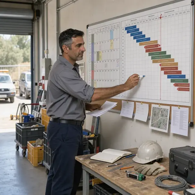 a researcher updating a large wall calendar and Gantt chart showing overlapping project phases and milestone deadlines