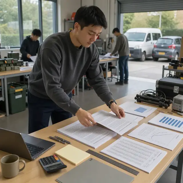 a researcher arranging printed pages of a draft proposal literature review charts and a budget spreadsheet on a large table