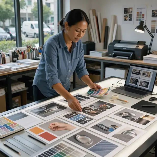 a designer arranging multiple print and digital ad layouts on a large light table surrounded by color swatches and reference prints