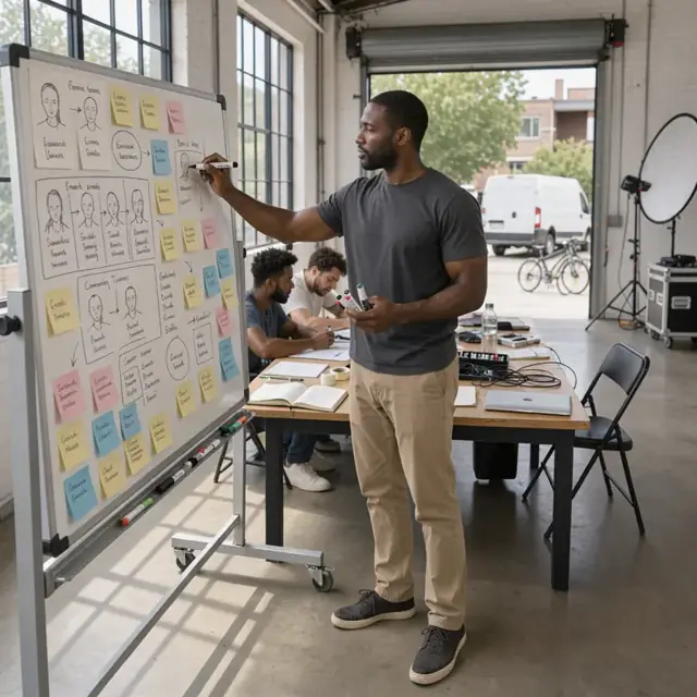 a planner writing on a large whiteboard covered with audience personas, brand words and campaign themes in a sunlit studio
