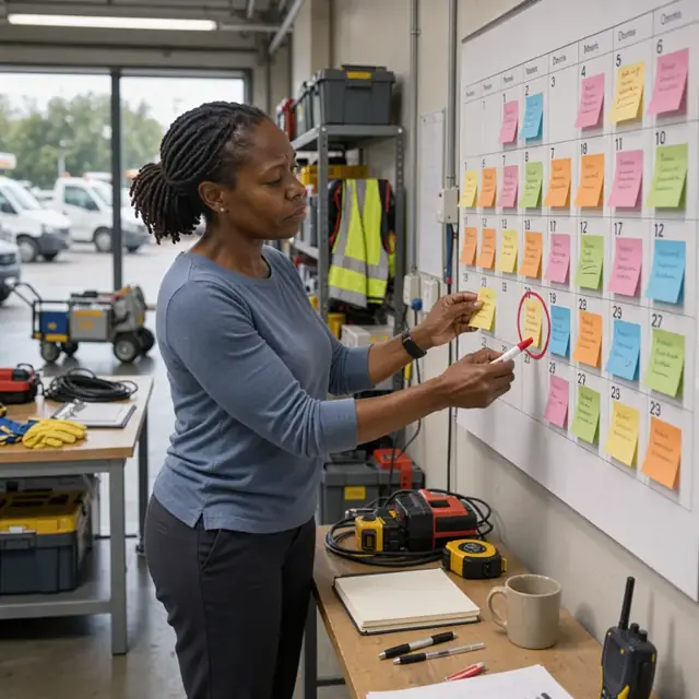 a planner marking dates on a large wall calendar covered with colorful sticky notes in a team workspace