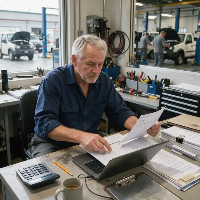 a specialist comparing printed vendor invoices against a digital rate sheet at a desk with a calculator and stack of contracts
