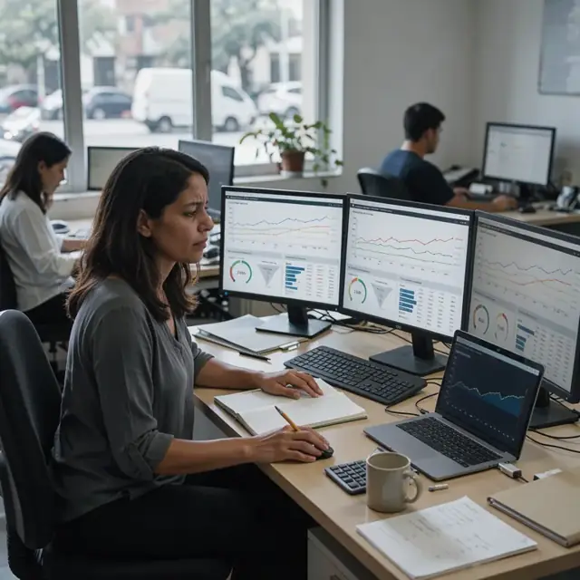 an analyst at a desk with multiple screens showing real-time advertising dashboards and performance trend graphs