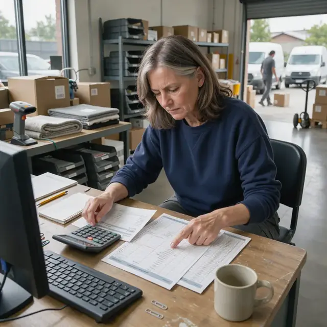 a worker comparing printed invoices against campaign delivery spreadsheets on a desk with calculator and notepad