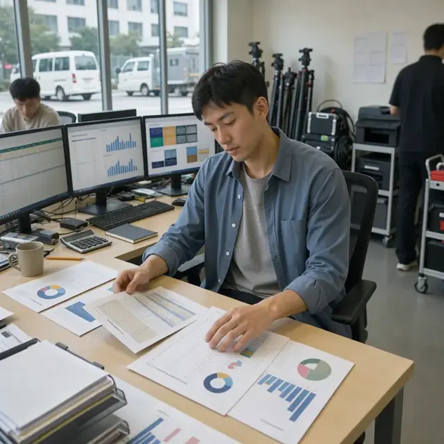 a worker reviewing printed rate cards and audience summaries spread across an office desk with multiple monitors