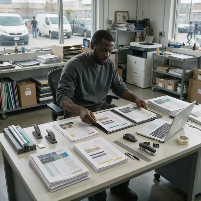 a worker updating printed media kits and rate cards laid out across a large office table with a laptop nearby