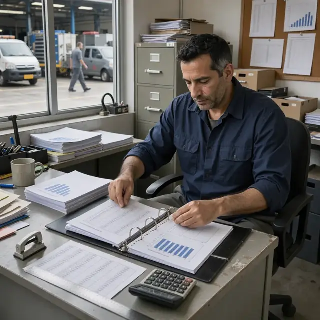 a worker assembling printed performance charts and data tables into a binder on an office desk
