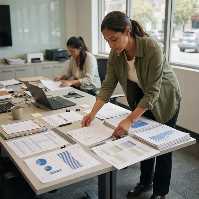 a worker arranging printed media schedules, rate sheets and audience data printouts on a large conference table