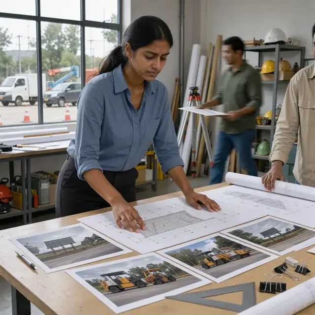 a planner at a large drafting table reviewing printed site photographs and dimensioned drawings for an outdoor billboard location