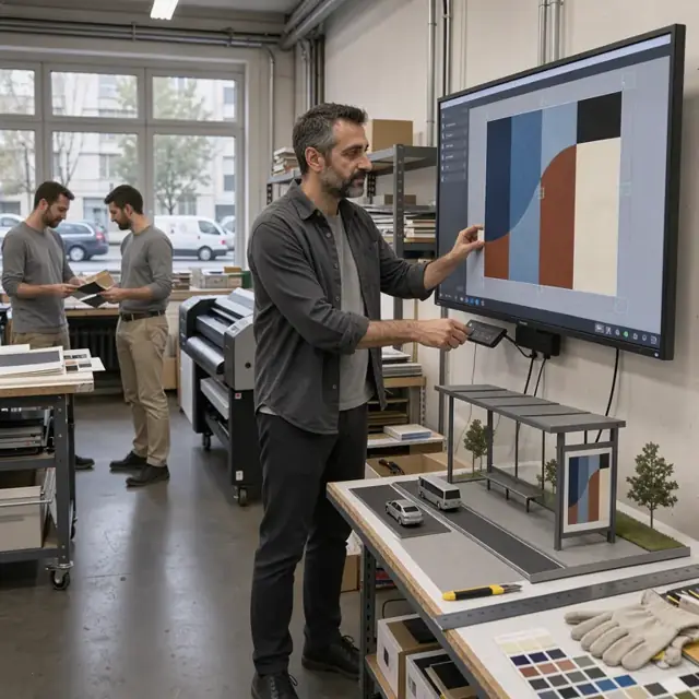 a designer adjusting large-format digital artwork on a wall-mounted monitor next to a scale model of a transit shelter display
