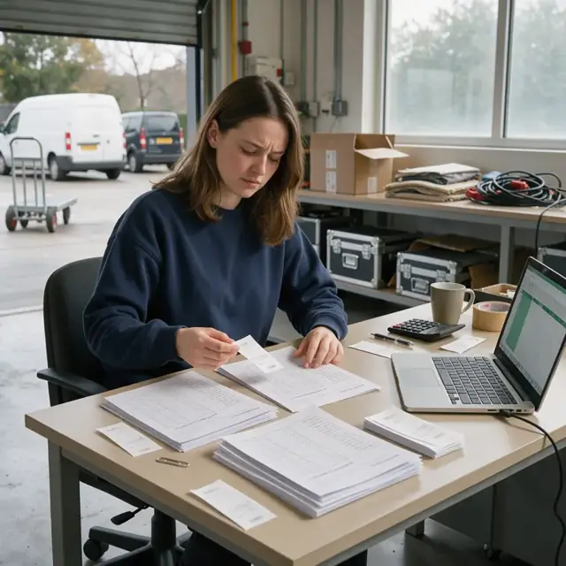 a coordinator at a desk matching printed production reports with postage receipts and an open spreadsheet