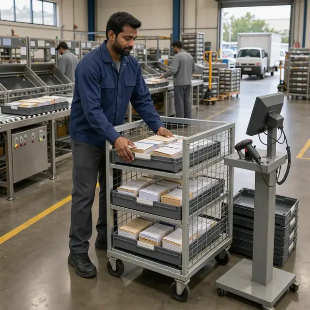 a worker in a mail facility placing trays of sorted letters into a large wheeled postal container beside a scanning station