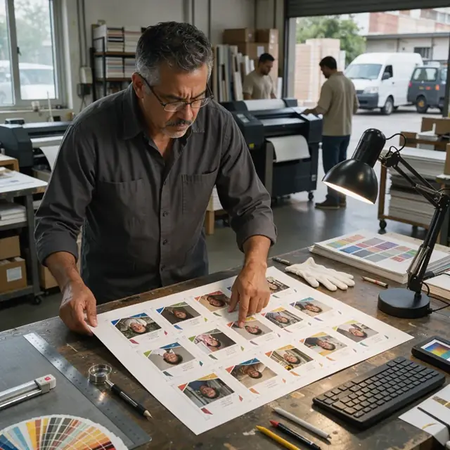 a designer examining a large printed proof sheet covered with personalized postcards under a desk lamp