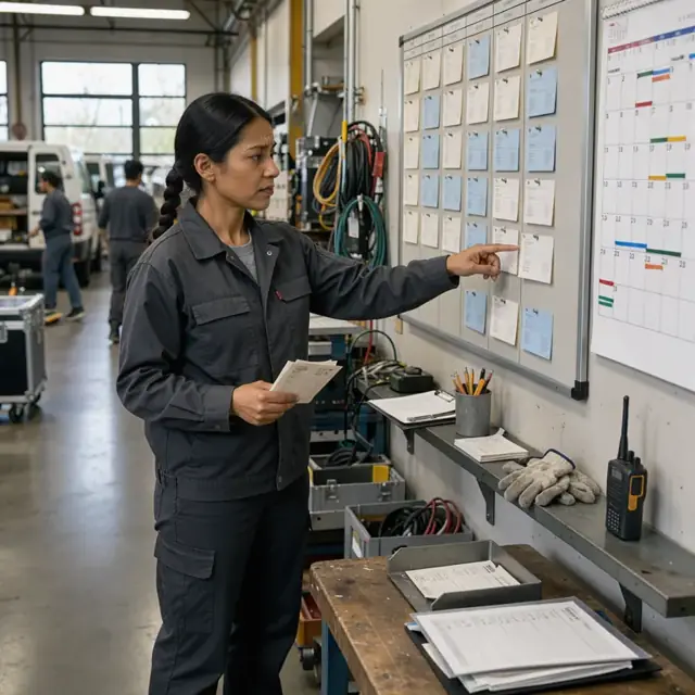 a production coordinator reviewing printed job tickets pinned to a wall schedule board next to a large calendar