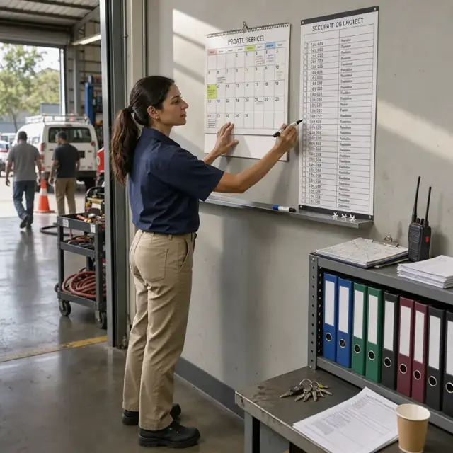 a worker updating a wall calendar and printed checklist board showing permit dates next to shelves holding route binders