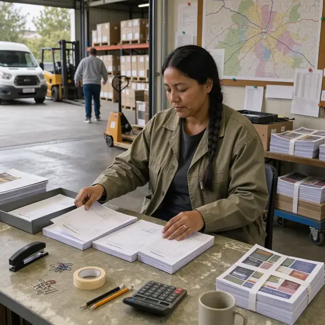 a worker at a warehouse desk sorting incoming client order forms next to stacks of bundled advertising flyers and a large wall map