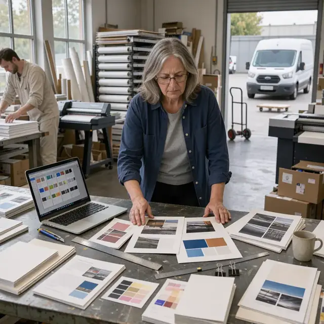 a worker reviewing printed campaign samples spread across a table with a laptop showing previous client orders