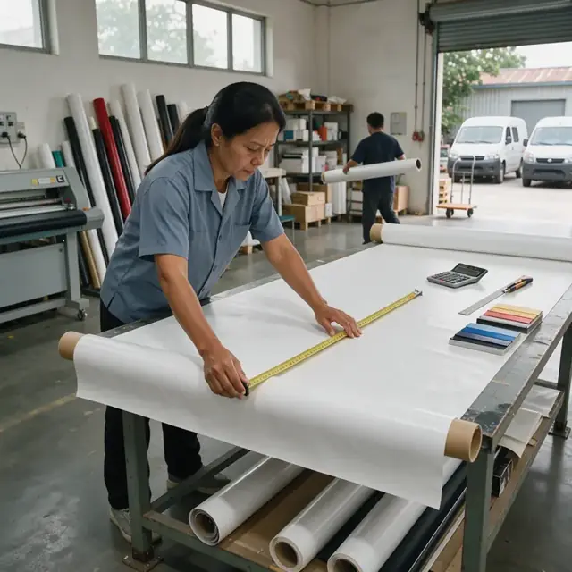 a worker measuring a large vinyl banner on a clean workshop table with a calculator and material samples nearby