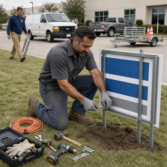 a technician mounting a large printed yard sign into a metal frame on a grassy commercial property with tools nearby