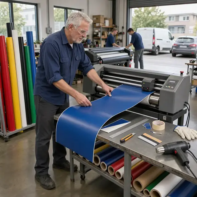 a technician feeding vinyl into a large-format plotter cutter surrounded by rolls of colored material in a print shop